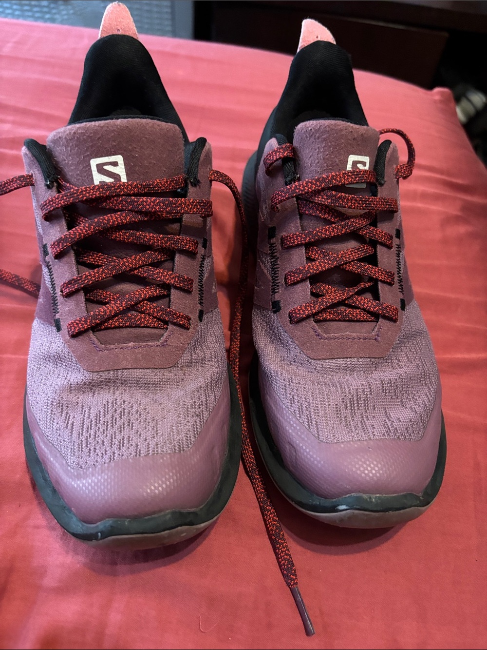 Salomon Plum and Black Trail Sneakers with Red-Accented Laces